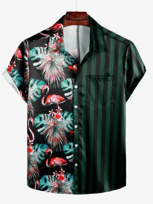 Men's Tropical Flamingo Green Striped Print Pocket Hawaiian Short Sleeve Shirt